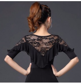 Black lace ruffles latin ballroom dance tops for women girls waltz tango foxtrot smooth rhythm dancing blouses shirts for female